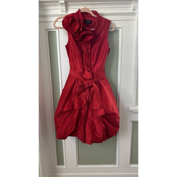 Teri Jon Red Silk Bubble Flower Button Up Mini Dress Cocktail 4 - Picture 10 of 10